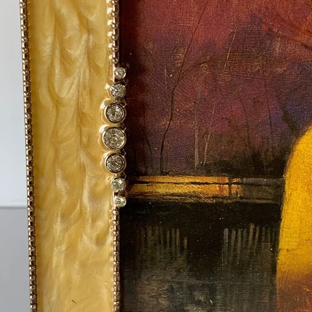 Yellow Gold Enamel Picture Frame Silver Beaded Border Rhinestones 5x7 Adobe